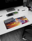 28x12 inches mouse pad featuring golden-eyed blonde anime girl with pink bows drifting over fiery clouds.