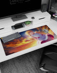 Golden-eyed blonde anime girl drifting through fiery clouds desk pad 36x16 inches, cozy flirty sky.