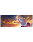 32x12 inches anime girl mouse pad with blonde in white dress, pink bows, floating above sunset clouds.