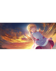 Anime girl desk pad 36x16 inches with blonde in white dress, pink bows, floating above orange clouds.