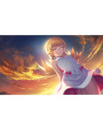 40x20 inches anime girl desk pad with blonde in white dress, pink bows, floating above sunset clouds.