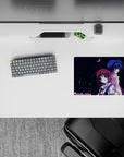 Midnight navy and white anime mouse pad 14x10 inches with soft pink treetops and quiet romance vibe.