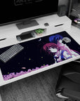 Anime desk pad 40x20 inches showing a sailor-uniform girl and calm boy beneath stars, back to back.