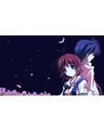 Anime desk pad 40x20 inches with two students back to back under a crescent moon and starry sky.