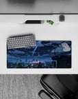 28x12 inches anime mouse pad in deep navy with neon blue and violet streaks, calm dreamy night mood.