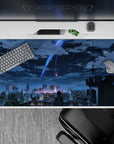 Neon blue-violet comet streaks over deep navy shadows on a calm anime desk pad 40x20 inches, dreamy mood.