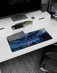 28x12 inches anime mouse pad showing a lone jacketed character on a rooftop, gazing at comet-lit clouds.