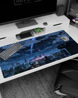 Lone anime figure in a simple jacket on a quiet rooftop above the city, desk pad 40x20 inches.