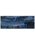 32x12 inches anime mouse pad with rooftop skyline, lone figure, and comet trails over a glittering city.