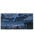 32x16 inches anime mouse pad with rooftop skyline, lone figure, and comet trails over a glittering city.