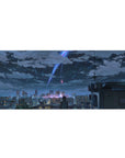 36x16 inches anime desk pad with rooftop figure over a glittering city and comet trails in night clouds.