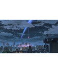 Anime desk pad 40x20 inches with rooftop skyline, glittering city windows, and comet trails in night clouds.