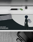 Anime mouse pad 36x16 inches featuring Rei Ayanami silhouette and full moon, perfect for fans of stillness and subtle emotion.