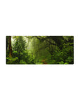 Rainforest 28x12 mouse pad featuring moss-covered trees, ferns, and vines for a serene and lush rainforest touch to your desk