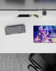 Neon blue and violet haze anime mouse pad 14x10 inches, dreamy spark trails and soft light on gold ground.
