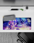 Neon blue and violet haze anime mouse pad 28x12 inches with dreamy spark trails and cinematic glow.