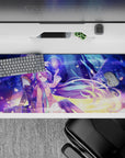 36x16 inches anime desk pad in neon blue and violet haze, soft glow, dreamy gradients and spark trails.