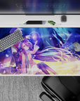 40x20 inches anime desk pad in neon blue and violet haze, dreamy spark trails over warm gold ground.