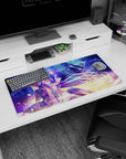 32x16 inches anime mouse pad showing silver-haired hero turned away and purple-haired girl holding a glowing orb.