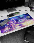 40x20 inches anime desk pad showing silver-haired hero turned away beside purple-haired mage with orb.
