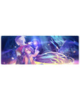 Anime mouse pad 32x12 inches with two heroes, floating orb, drifting petals, neon haze, cozy hoodie.