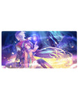 32x16 inches anime mouse pad with two heroes, floating orb, drifting petals, hoodie and scarf, cinematic art.
