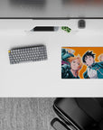 Classic anime mouse pad 14x10 inches with fiery orange backdrop and bold heroic team vibe for desk setups.