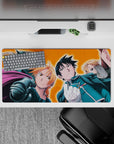Fiery orange backdrop anime mouse pad 32x16 inches, bold rally-cry vibe with crisp armored shine and red coat.