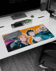 Edward Elric scowls with Alphonse in armor behind on anime mouse pad 32x16 inches, action-ready scene.