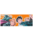 Fullmetal Alchemist desk mouse pad 32x12 inches with Edward, Alphonse, Mustang and Hawkeye on fire backdrop.