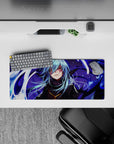 28x12 inches anime mouse pad in cool blues and violet magic swirls, golden eyes glowing, crisp high-contrast art.