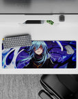 32x12 inches anime mouse pad in cool blues and violet shadows, golden glow accents, crisp high-contrast art.