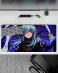 32x16 inches anime mouse pad in cool blues and violet shadows, golden eyes glowing, crisp high-contrast art.