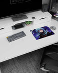 Sly blue-haired hero with glowing gold eyes in ink-black armor on an anime mouse pad 14x10 inches.