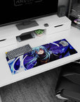 32x12 inches anime mouse pad showing a sly blue-haired warrior in ink-black armor amid swirling purple energy.