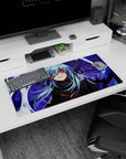 32x16 inches anime mouse pad showing sly blue-haired fighter with golden eyes amid stormy violet streaks.