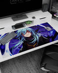 Sly blue-haired warrior with glowing gold eyes on anime desk pad 40x20 inches, stormy violet backdrop.