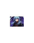 Classic anime mouse pad 14x10 inches with blue-haired warrior, gold eyes, fur collar, violet magic swirls.