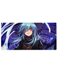 32x16 inches anime mouse pad with blue-haired warrior in dark armor, fur collar, and violet magic swirls.