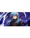 Anime desk pad 36x16 inches with blue-haired warrior, golden eyes, dark armor, fur collar, violet magic.