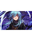 Anime desk pad 40x20 inches with blue-haired character, ink-black armor, fur collar, violet magic swirls.
