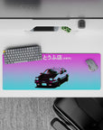 32x12 inches anime mouse pad in purple-to-cyan vaporwave glow with glitchy chroma edges and neon vibe.
