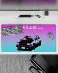 32x16 inches anime mouse pad in purple-to-cyan vaporwave glow with glitchy chroma edges and neon sky.