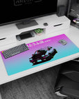 Toyota Trueno AE86 facing forward under neon sky on anime desk pad 36x16 inches with bold kanji.