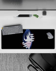 32x12 inches desk mouse pad in deep black with midnight-blue hair, soft red glow, cute spooky vibe.
