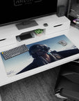 Shy anime girl peeking from darkness, framed by white hands and red aura on 36x16 inches desk pad.
