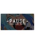 Konosuba anime mouse pad featuring Aqua's chaotic energy, 32x16 inches, with retro pause screen text capturing her mid-scream.