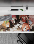 36x16 inches anime desk pad in warm sunset tones, pink orange auburn hair, soft highlights, cute study vibe.