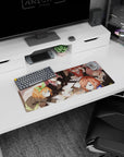 28x12 inches anime mouse pad featuring a winking schoolgirl, glasses girl, and green-bow troublemaker.