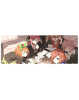 32x12 inches anime girl mouse pad with five schoolgirls studying, notebooks and pastel pens, cozy desk clutter.